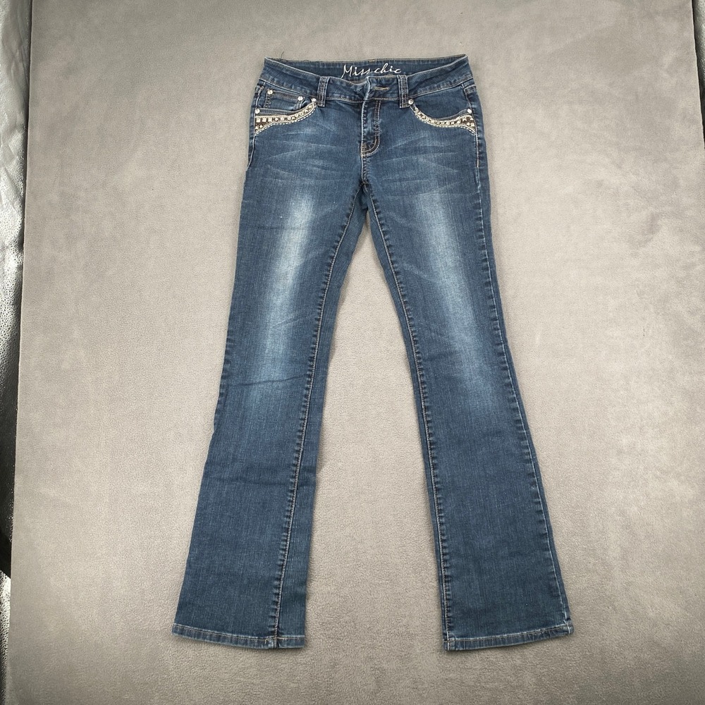 Miss Chic Y2K Embellished Bootcut Jeans Blue Distressed Rhinestone Studded Sz 7